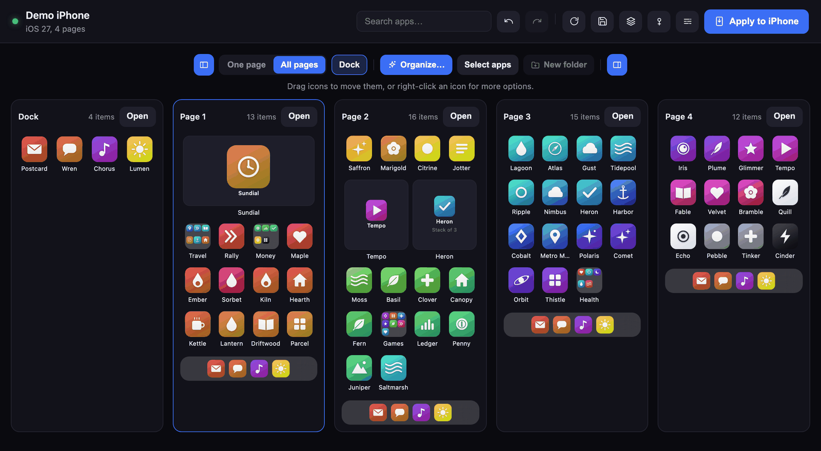 Every page of an iPhone Home Screen sorted by color, running from red through orange, yellow, green, blue and purple to gray.