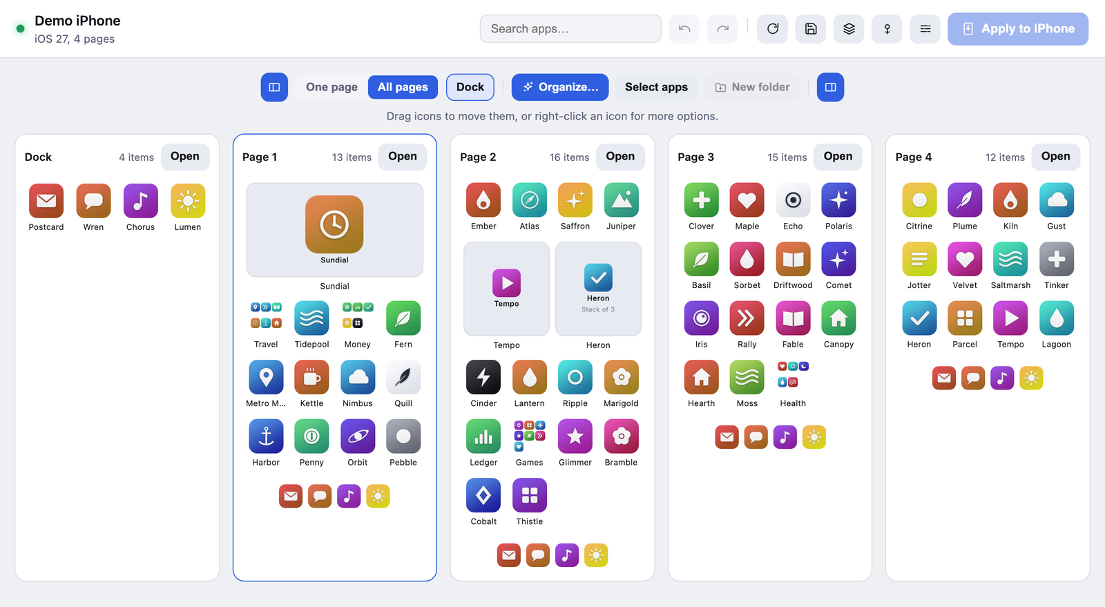 Icon Mosaic on a Mac, showing every page of an iPhone Home Screen side by side.