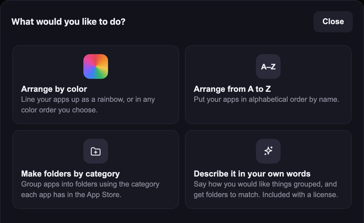 The Organize window in Icon Mosaic, offering to arrange apps by color, from A to Z, into folders by category, or by describing it in your own words.