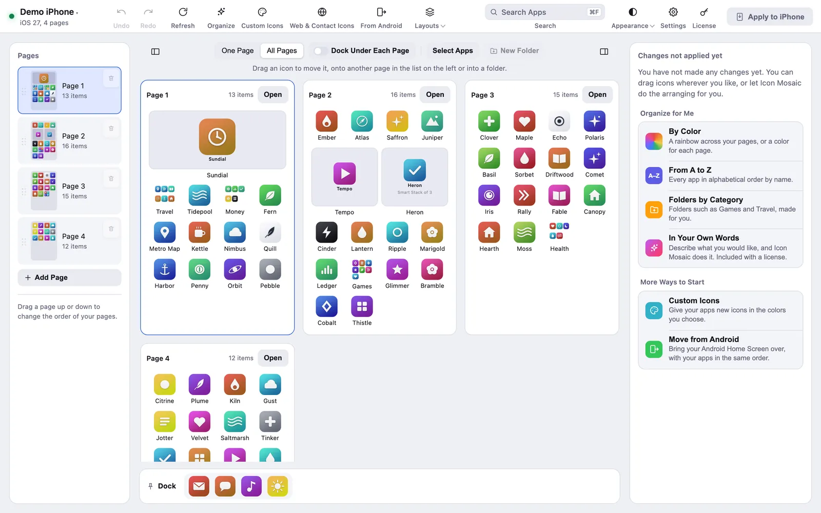Icon Mosaic's All Pages view on a Mac, with four Home Screen pages of a demo iPhone side by side, the list of pages on the left and the Organize for Me panel on the right.