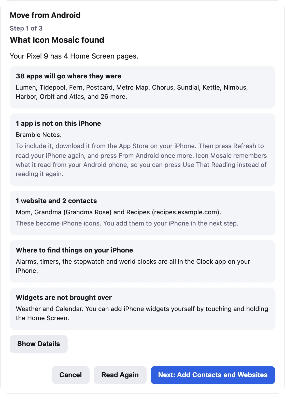 Icon Mosaic's plan for a Pixel 9 with four Home Screen pages: 38 apps will go where they were, one app is not on the iPhone yet, a website and two contacts will become iPhone icons, and the widgets to add yourself.