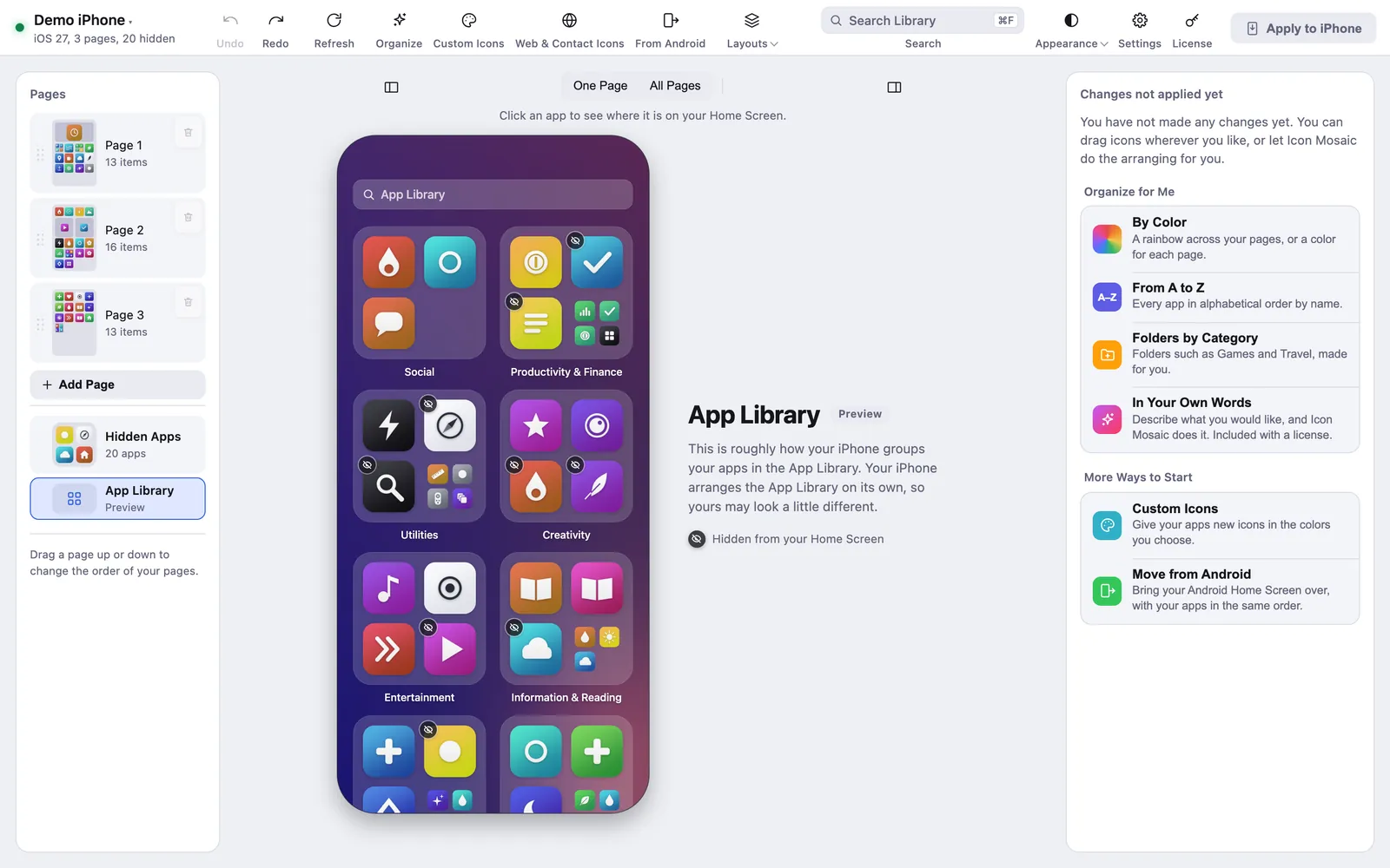 Icon Mosaic's App Library preview, showing apps grouped into Social, Productivity and Finance, Utilities, Creativity and Entertainment, inside an iPhone frame.