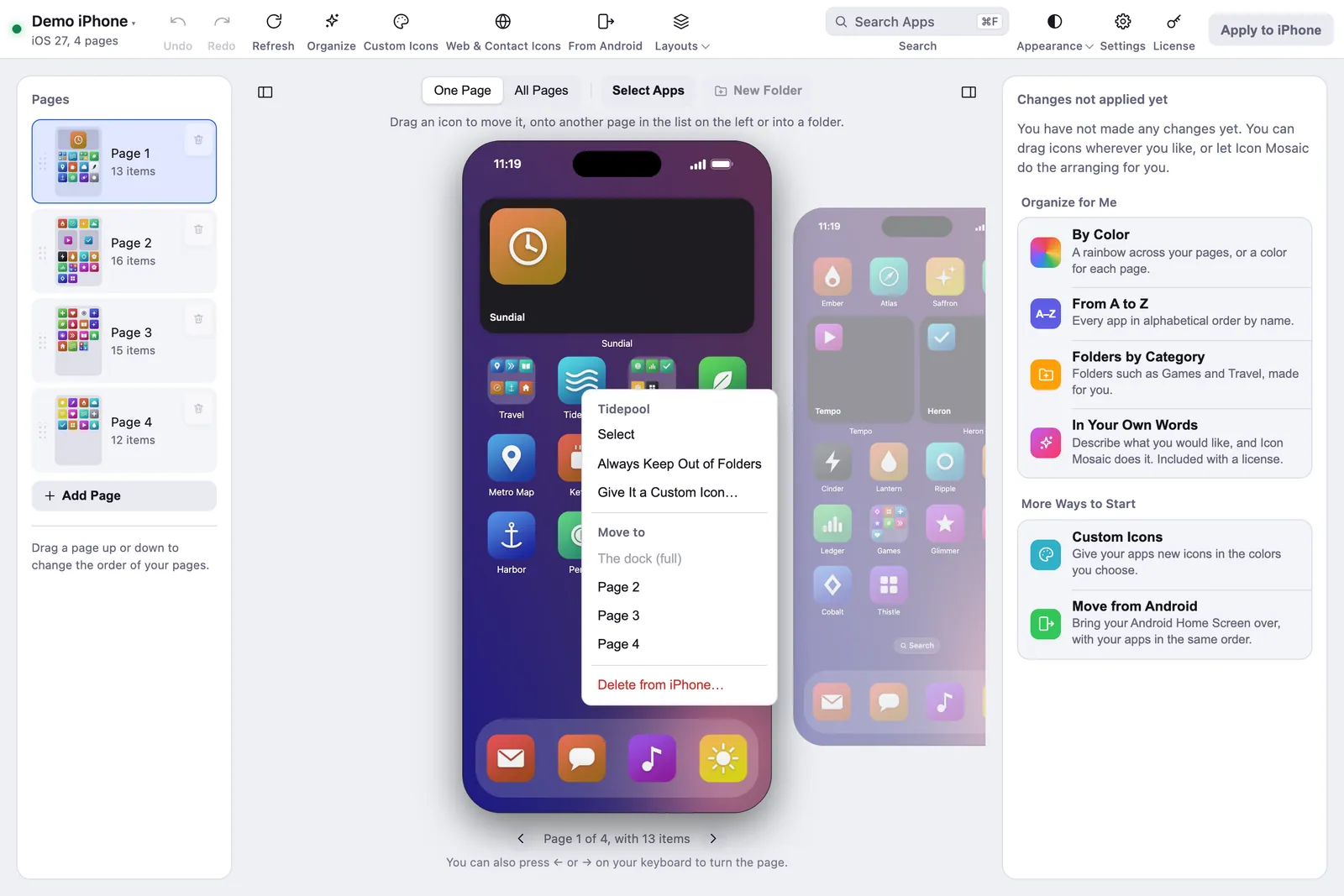 The menu for an app in Icon Mosaic, with Select, Always Keep Out of Folders, Give It a Custom Icon, Move to the dock or a page, and Delete from iPhone.