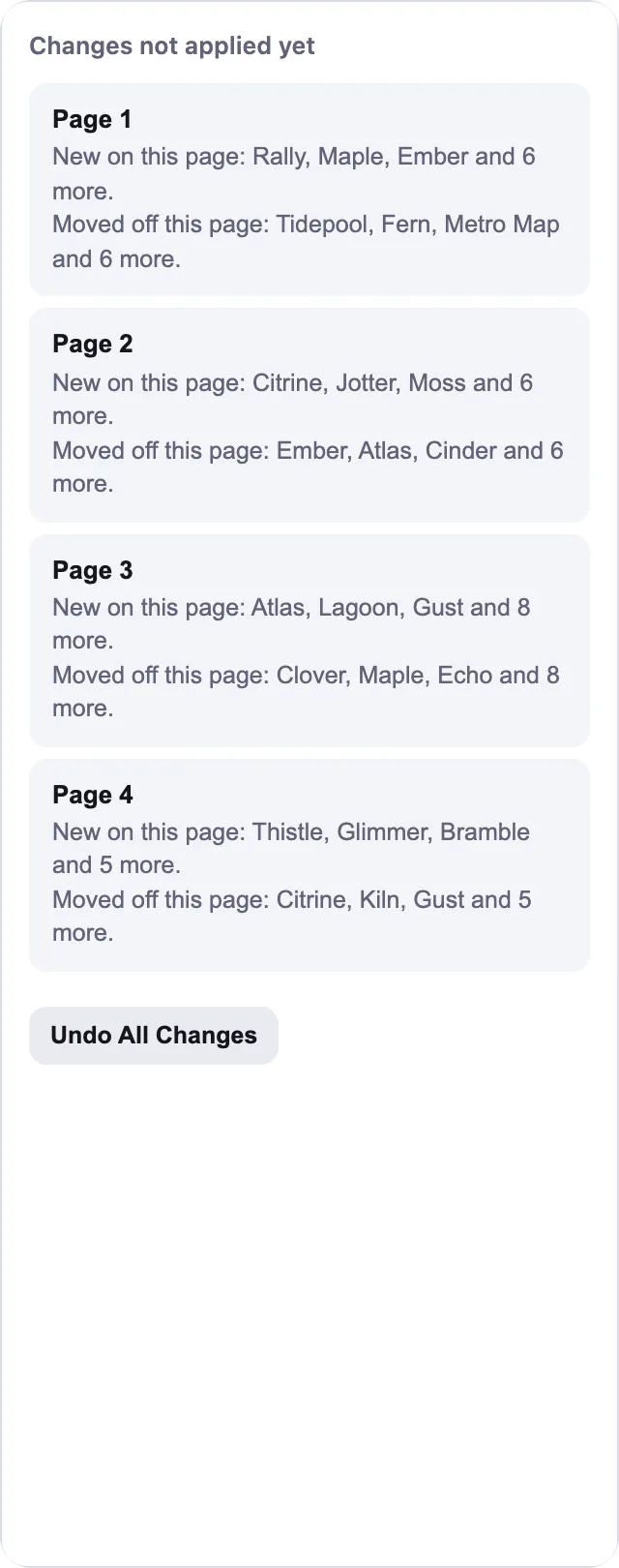Icon Mosaic's changes panel, listing for each page the apps that are new on it and the apps that moved off it.