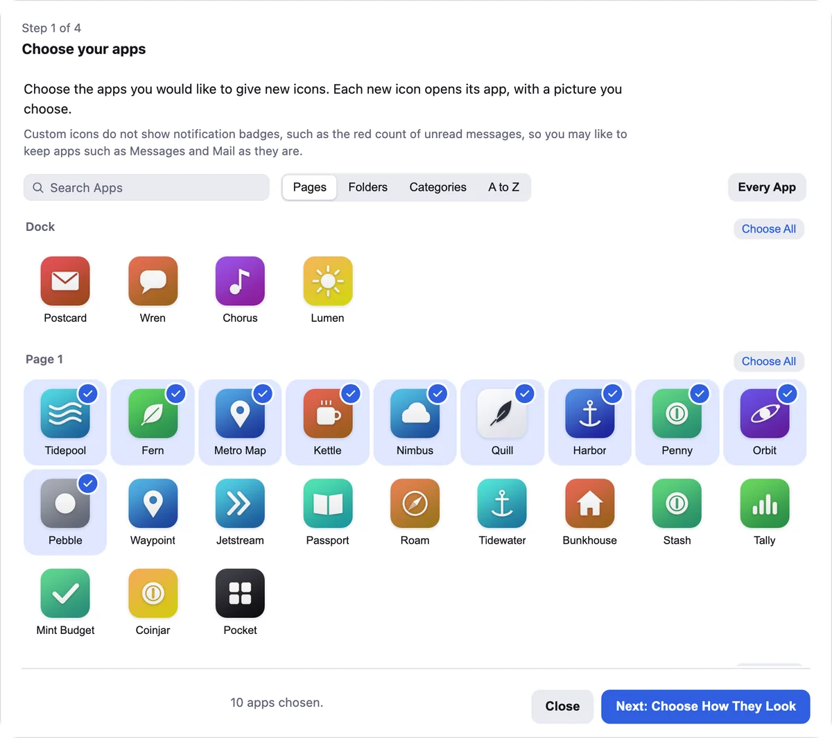 Step 1 of 4 in the Custom Icons sheet, Choose your apps, with the apps on page one of the demo iPhone checked.