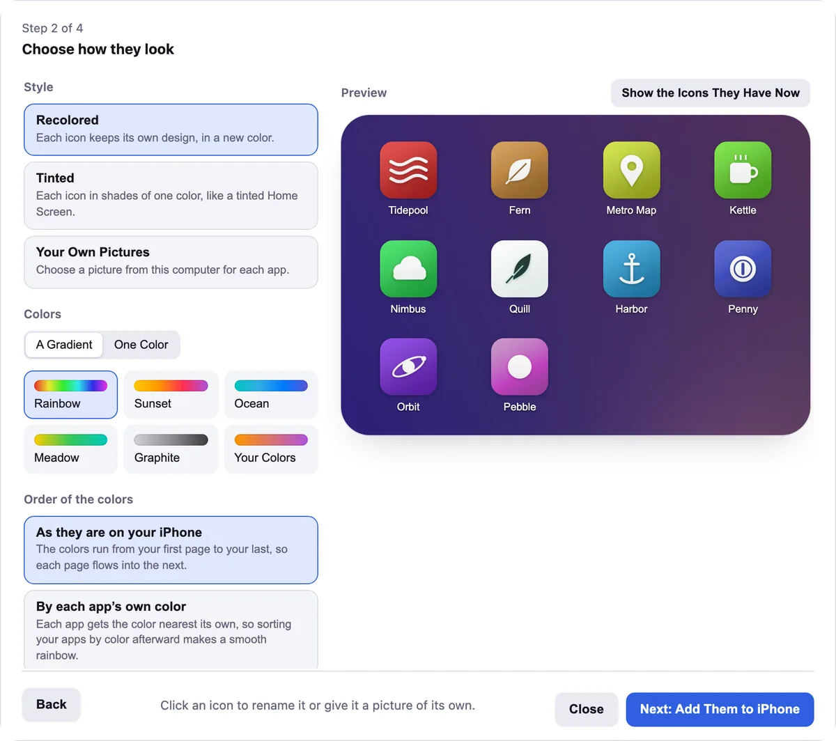 The Custom Icons sheet in Icon Mosaic, with Recolored and the Rainbow gradient chosen and a preview of sixteen recolored icons on the iPhone's own wallpaper.