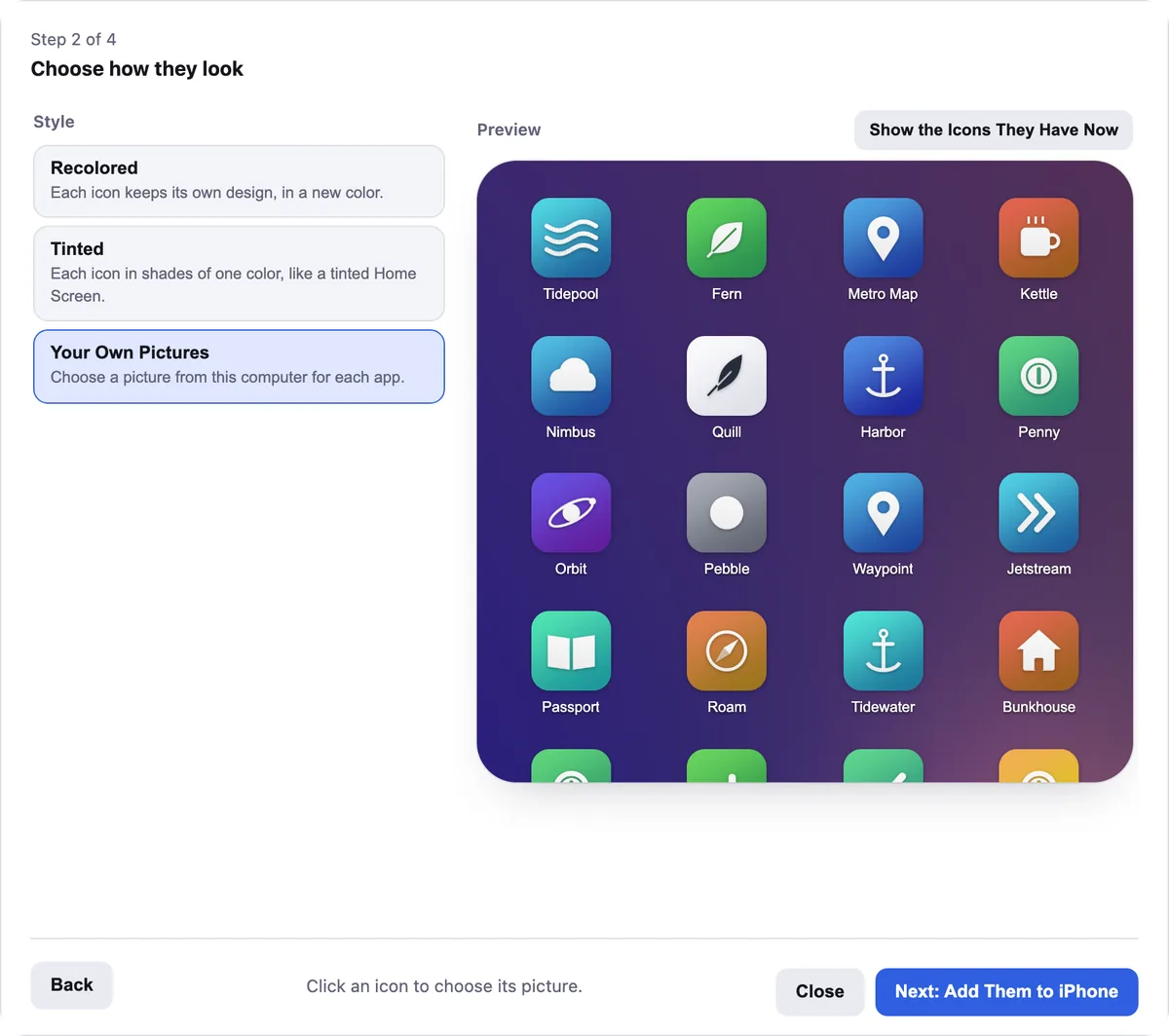 The Custom Icons sheet with Your Own Pictures chosen, where clicking an icon in the preview lets you choose a picture from your Mac.