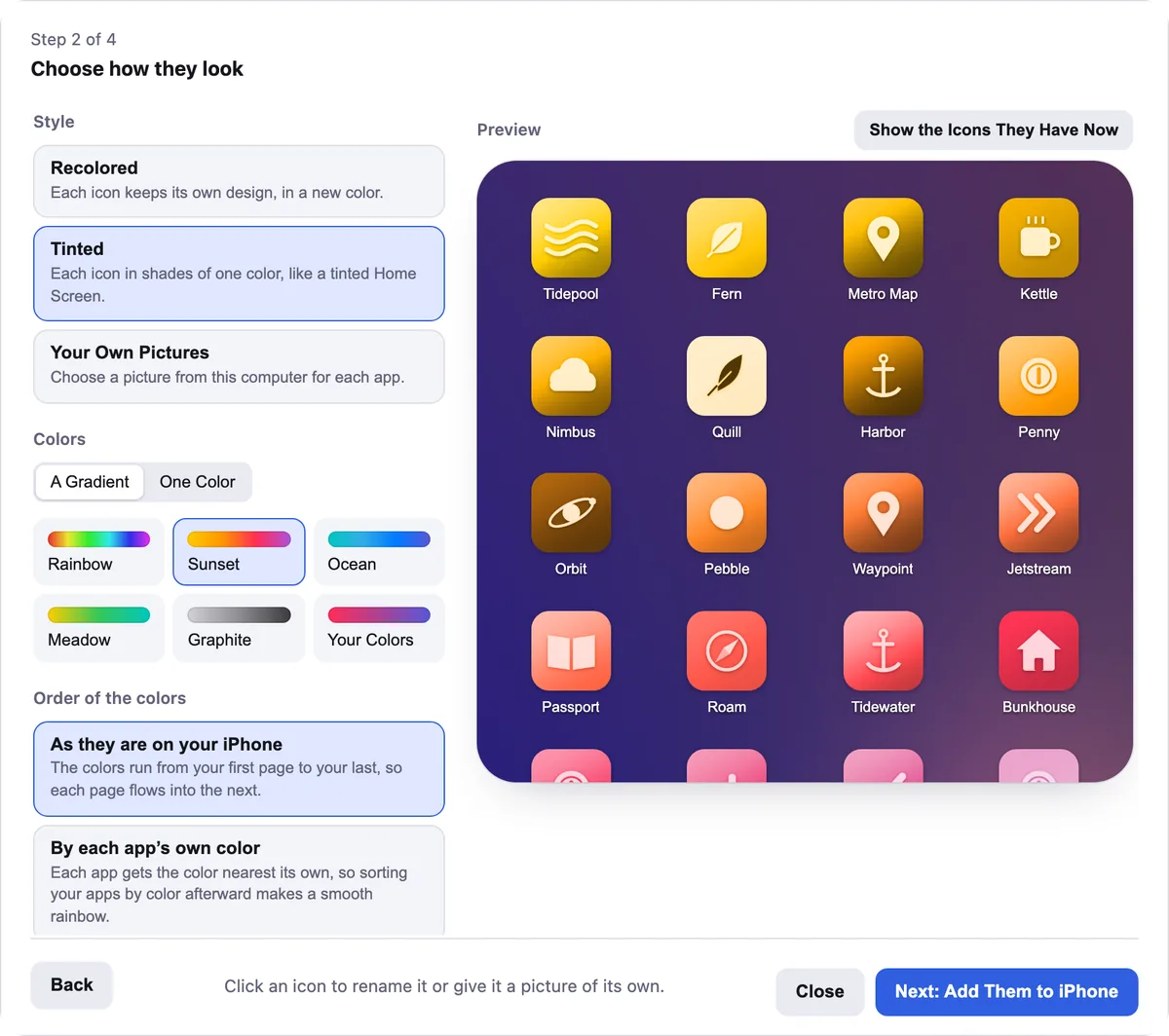 The Custom Icons sheet with Tinted and the Sunset gradient chosen, and the preview showing icons in soft yellow, orange and pink.