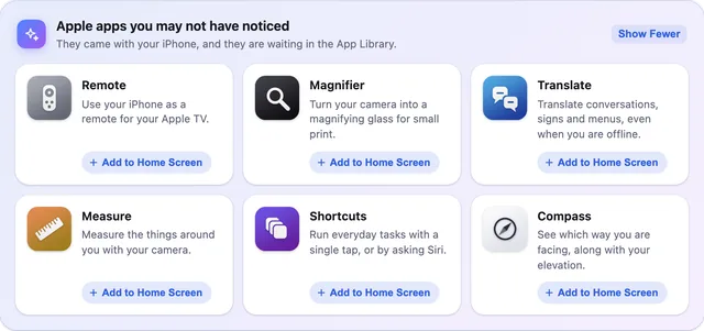 A panel titled Apple apps you may not have noticed, describing Remote, Magnifier, Translate, Measure, Shortcuts and Compass, each with an Add to Home Screen button.