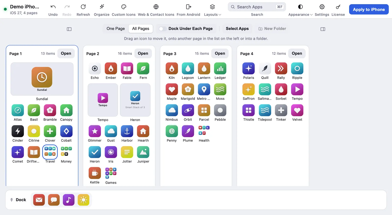 Four pages of a demo iPhone's Home Screen sorted from A to Z in Icon Mosaic, with the folders and the widget still in place.