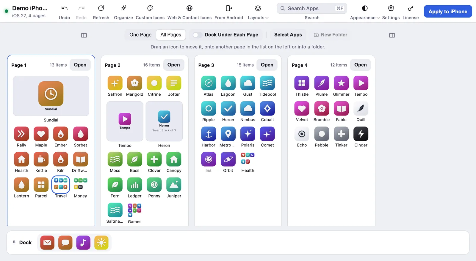 Four Home Screen pages of a demo iPhone sorted into one rainbow, from red and orange to purple.