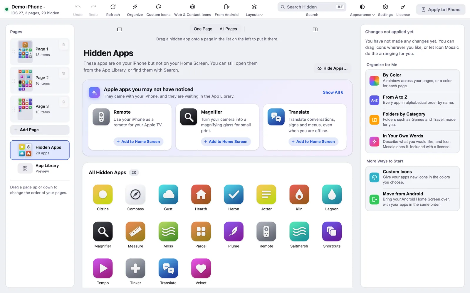 Icon Mosaic's Hidden Apps view, listing twenty apps that are on a demo iPhone but not on its Home Screen, with Apple apps you may not have noticed at the top.