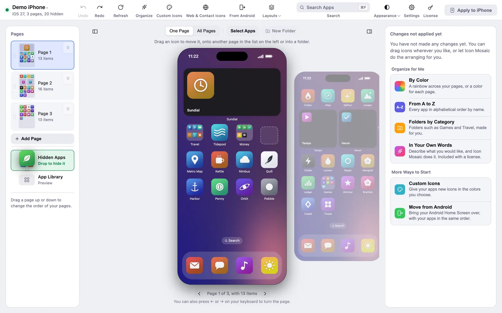 An app being dragged from a demo iPhone's page onto Hidden Apps in the list of pages, which says Drop to hide it.