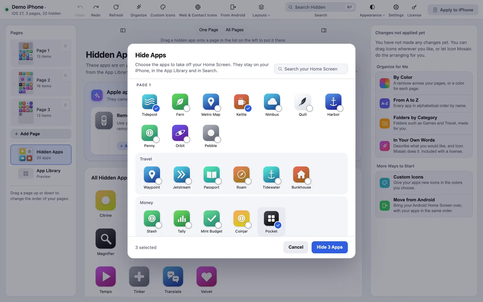 The Hide Apps sheet listing apps by page and by folder, with three apps checked and a Hide 3 Apps button.