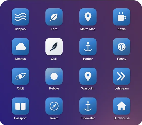 Sixteen app icons all recolored blue.