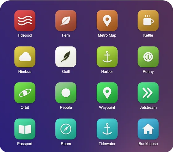 Sixteen demo app icons recolored in a rainbow, each keeping its own design.