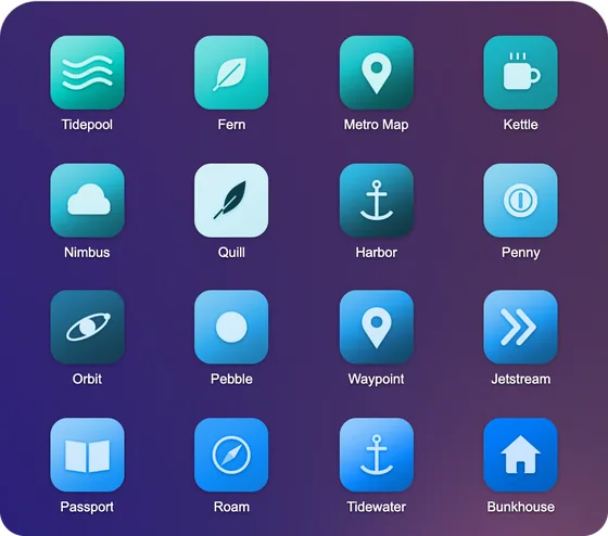 Sixteen demo app icons tinted in the Ocean gradient, in shades of teal and blue.