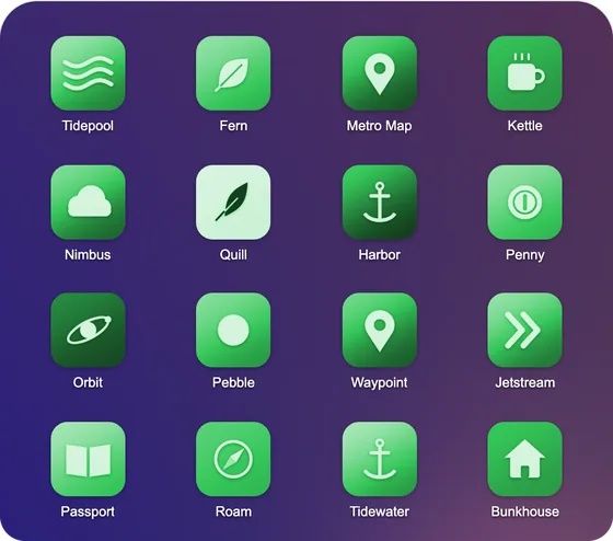 Sixteen app icons tinted green.