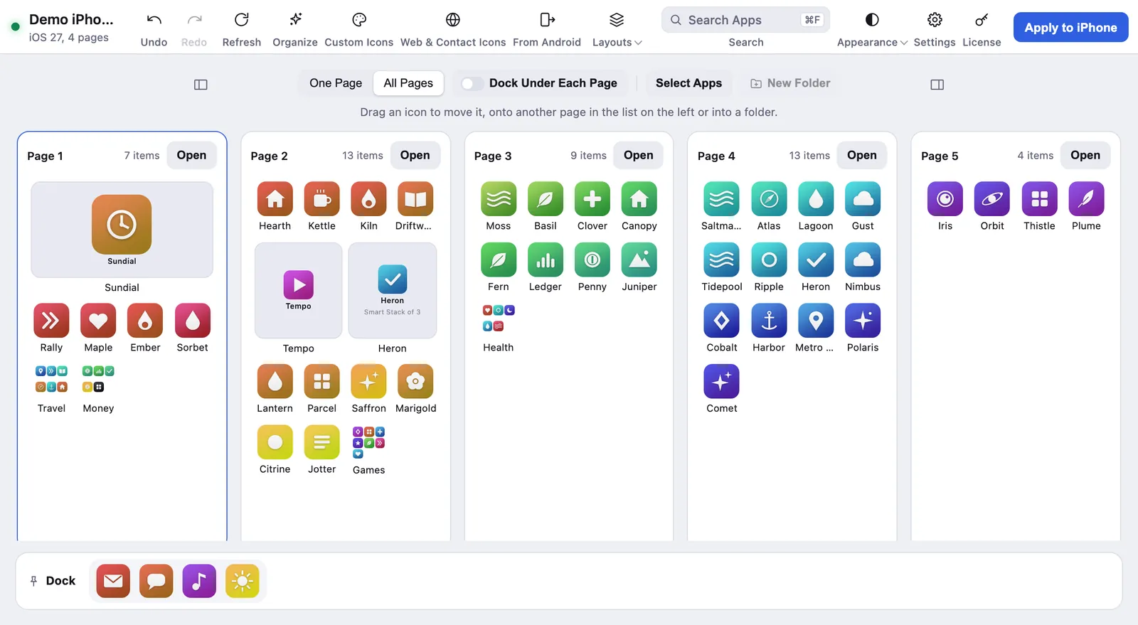 Five Home Screen pages, each holding one color.