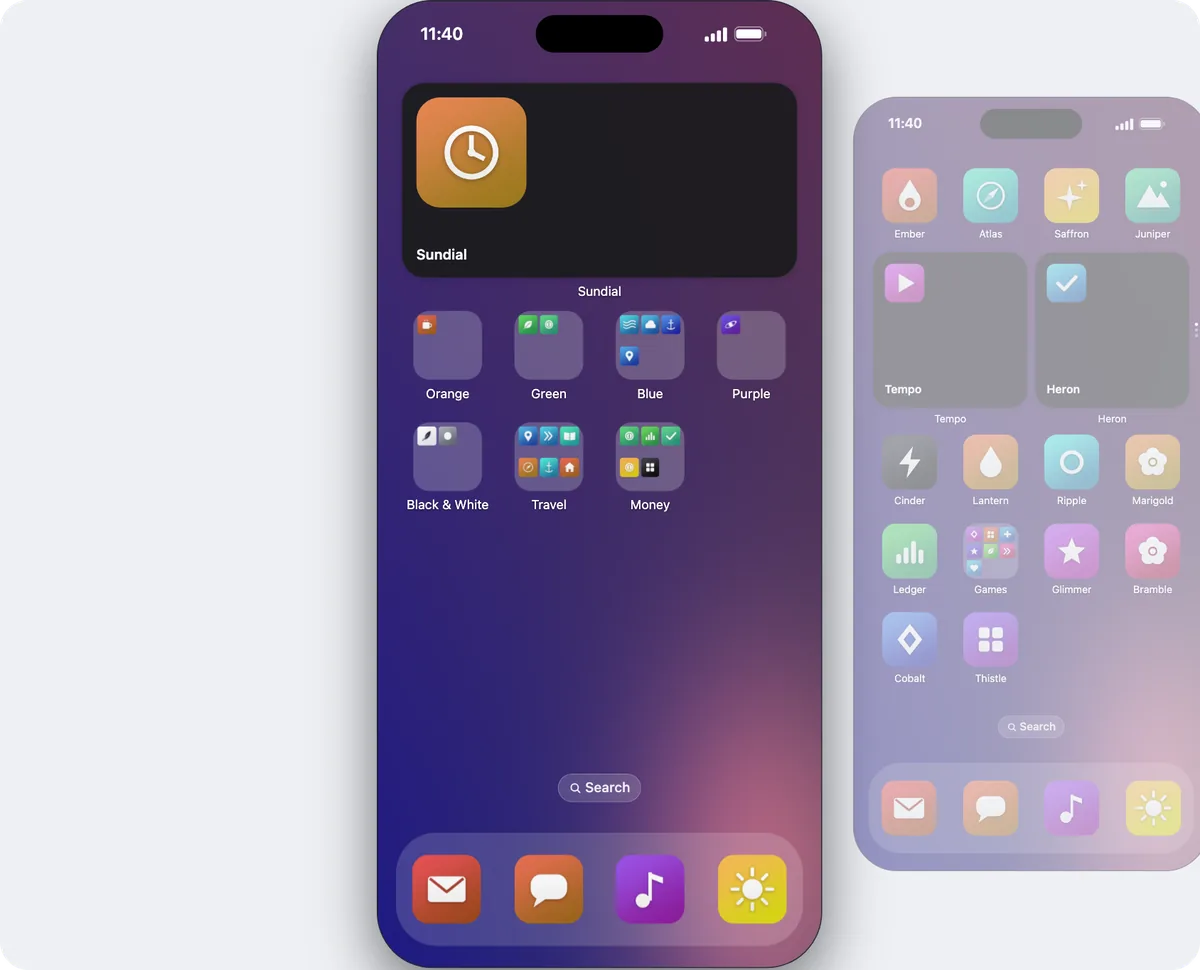 A demo iPhone's Home Screen in Icon Mosaic with folders named Orange, Green, Blue, Purple and Black and White, each filled with apps of that color.