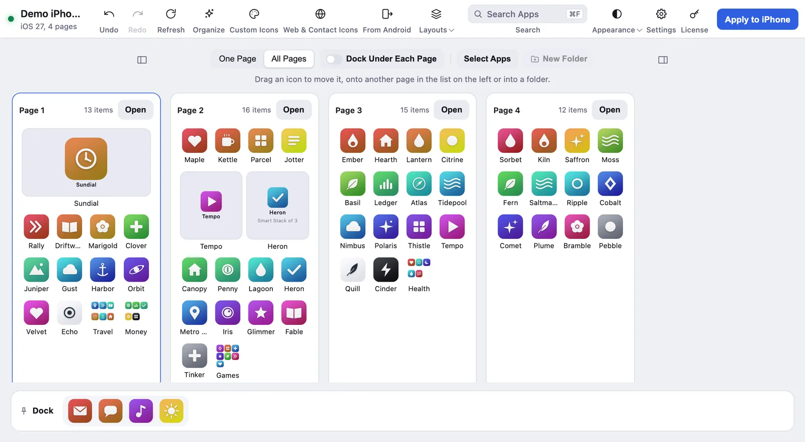 Four Home Screen pages, each running from red to purple.