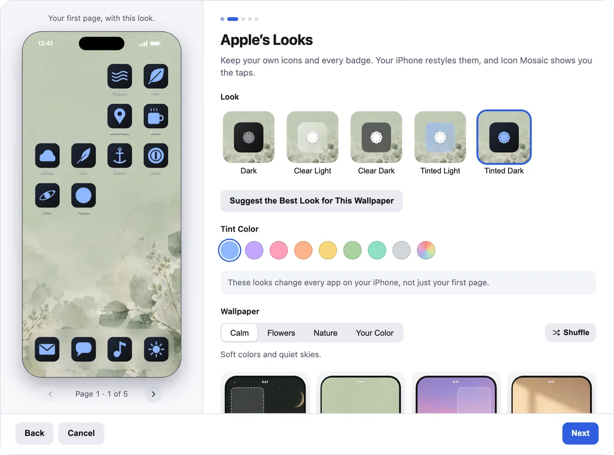 Icon Mosaic's Apple's Looks step, with Dark, Clear Light, Clear Dark, Tinted Light and Tinted Dark, a row of tint colors, and the demo iPhone's icons tinted blue on a green wallpaper.