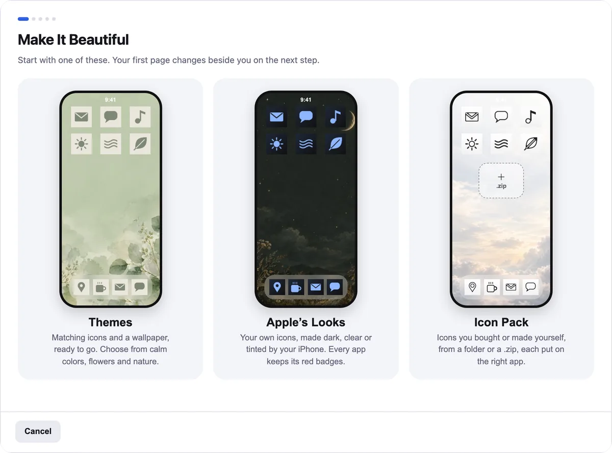 Icon Mosaic's Make It Beautiful sheet with three large choices: Themes, Apple's Looks, and Icon Pack, which shows black line icons on a white wallpaper with a place to drop a .zip.