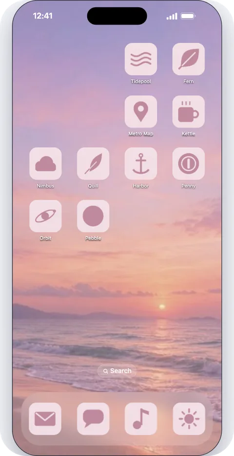 A demo iPhone first page in the Blush Beach theme: rose pink icons on a pastel sunset over the sea.