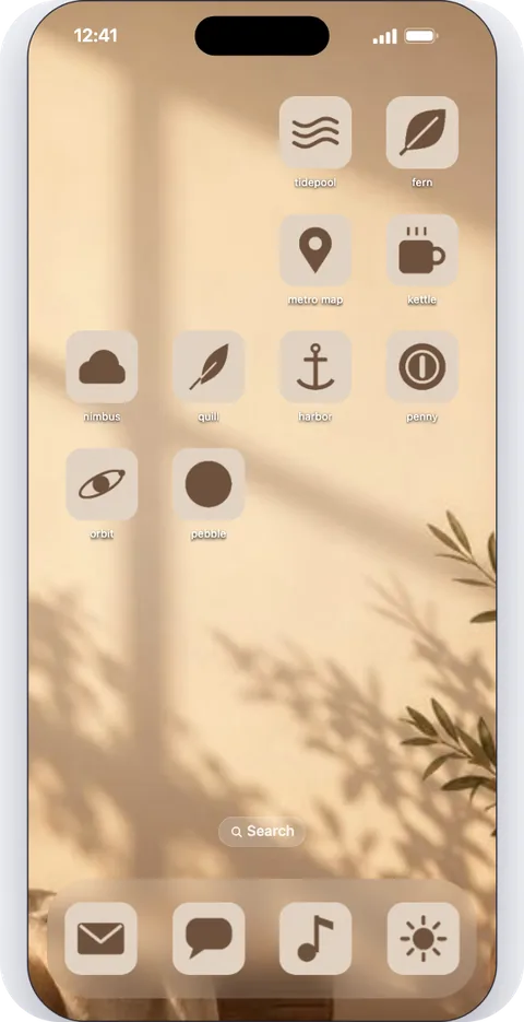 A demo iPhone first page in the Latte theme: warm brown symbols on a sunlit beige wall with leaf shadows.