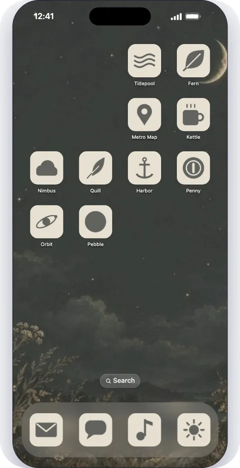 A demo iPhone first page in the Moonlight theme: cream symbols on a dark night sky with a crescent moon.