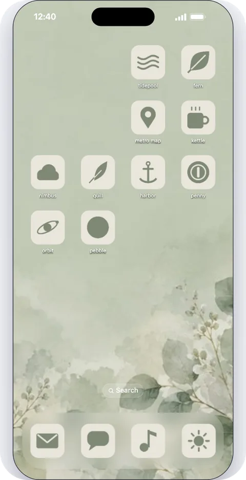 A demo iPhone first page in the Sage theme: soft green symbols on a watercolor leaf wallpaper.
