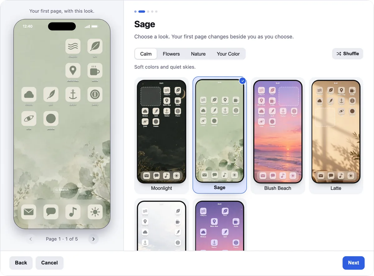 Icon Mosaic's theme gallery with Sage chosen, and the demo iPhone's first page beside it in soft green symbols on a watercolor wallpaper.