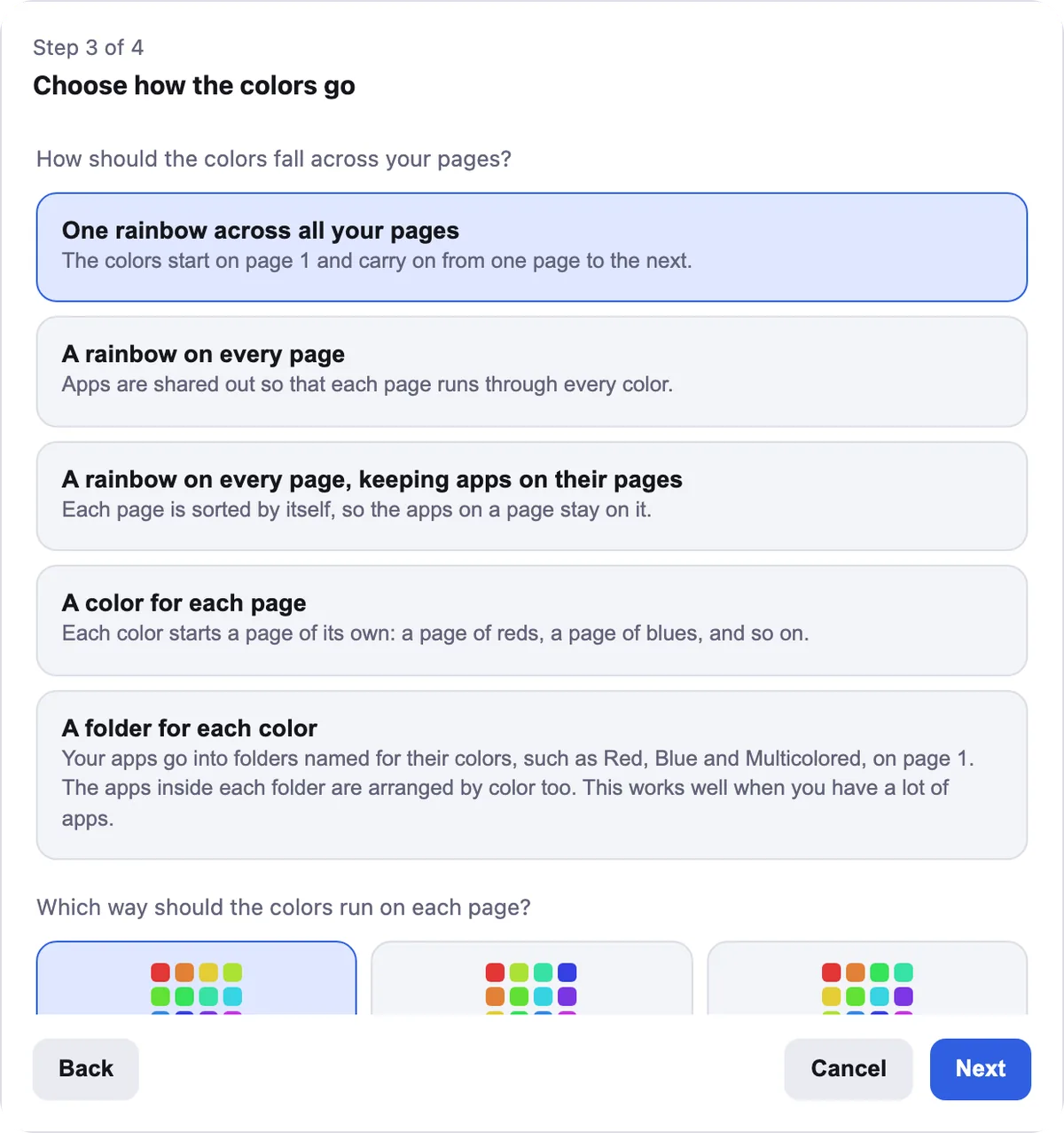 Arrange by color's layout choices in Icon Mosaic, including A folder for each color.