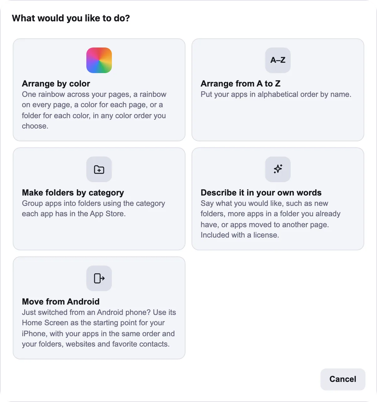The Organize sheet with Make folders by category and Describe it in your own words among the choices.