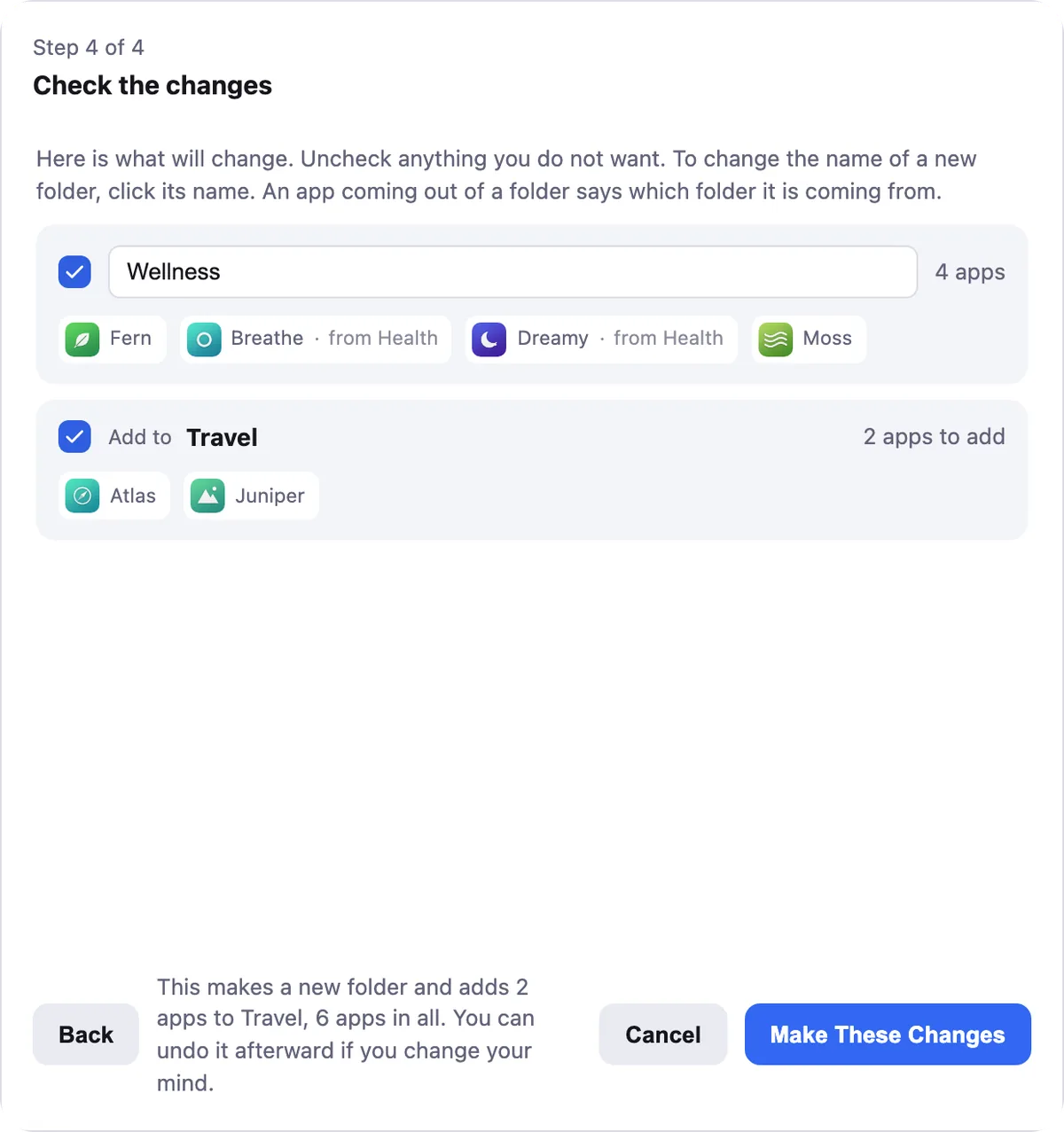 Organize's Check the changes step, showing a new Wellness folder with four apps and two apps being added to the Travel folder, each with a checkbox.