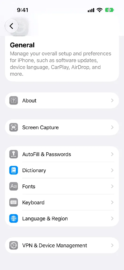 iPhone Settings, General, with VPN and Device Management at the bottom of the list.