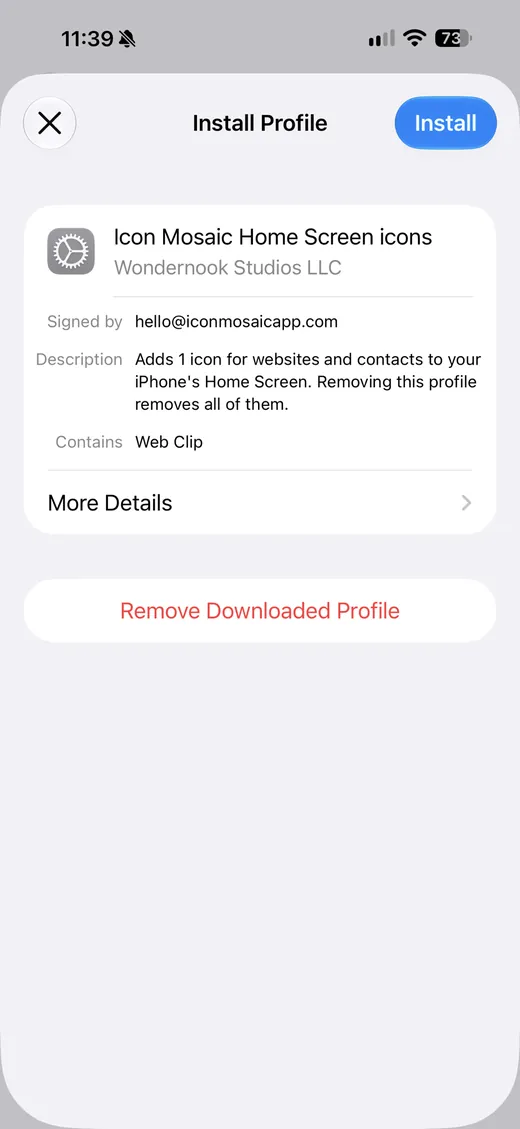 The Install Profile screen on an iPhone for Icon Mosaic Home Screen icons, from Wondernook Studios LLC, with the Install button at the top right.