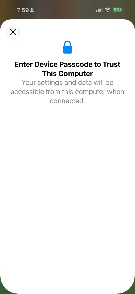 An iPhone screen asking Enter Device Passcode to Trust This Computer, saying your settings and data will be accessible from this computer when connected.