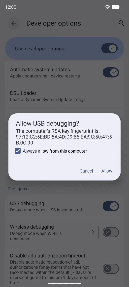A Pixel asking Allow USB debugging, with Always allow from this computer checked.