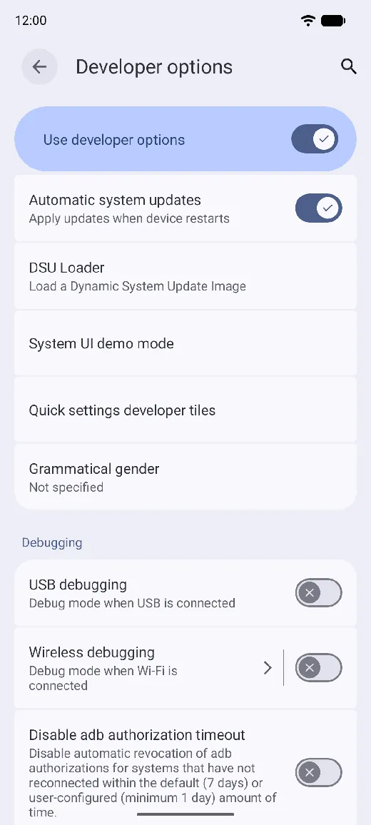 A Pixel's Developer options screen, with USB debugging under Debugging.
