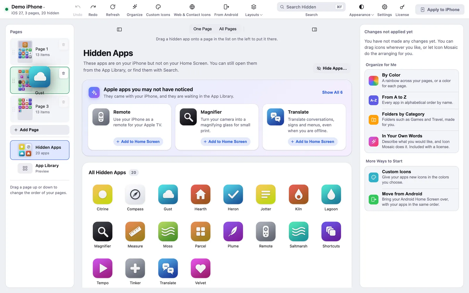 Two hidden apps chosen in Icon Mosaic's Hidden Apps view being dragged onto a page in the list of pages.