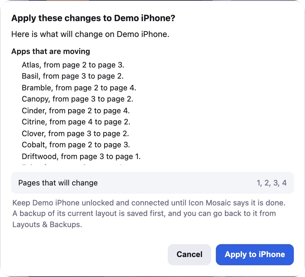 Icon Mosaic's sheet before applying, titled Apply these changes to Demo iPhone, listing apps moving between pages and saying a backup is saved first.