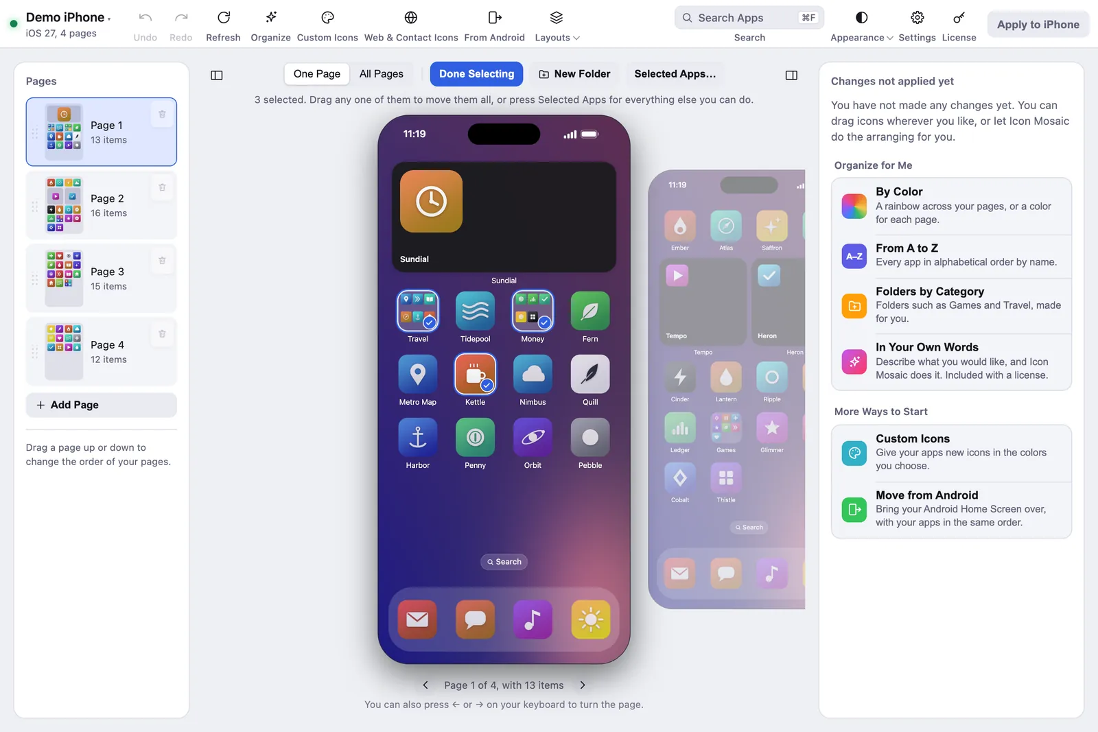 Several apps chosen with Select Apps in Icon Mosaic, ready to be moved together.