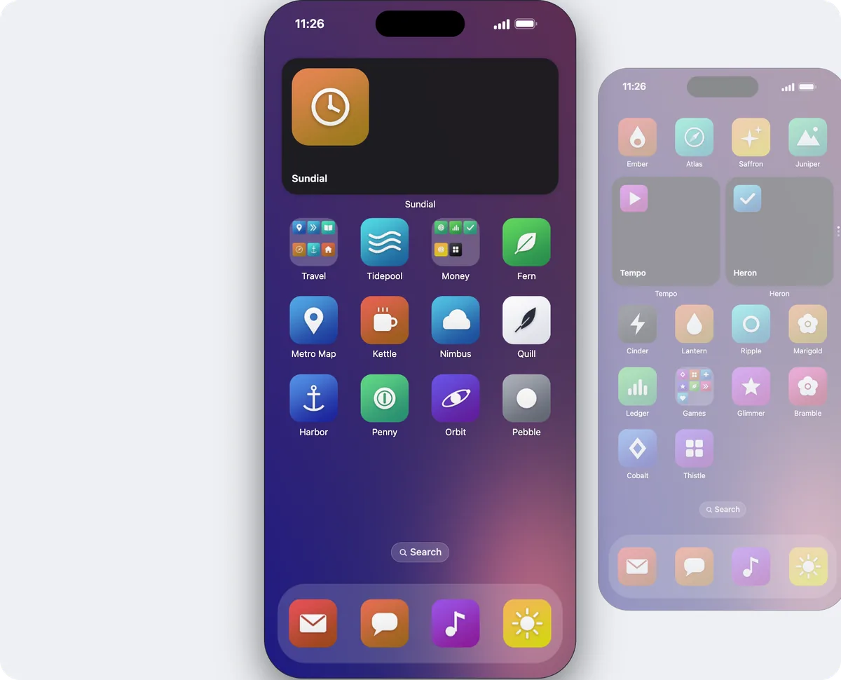 A demo iPhone Home Screen page in Icon Mosaic, with the next page standing beside it so apps can be dragged straight across.
