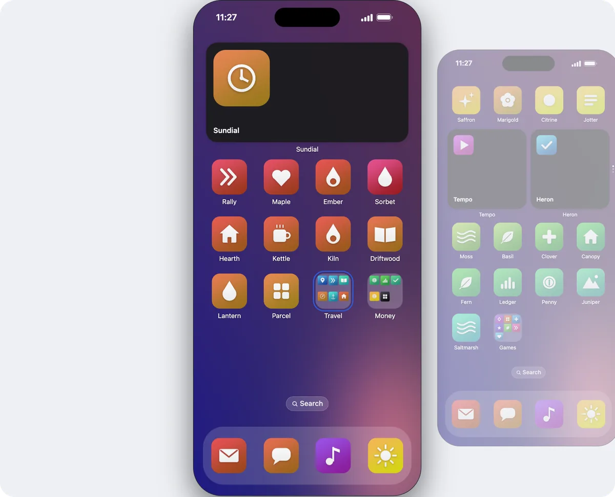 A demo iPhone Home Screen in Icon Mosaic after sorting by color, with the pages before and after it beside the phone.