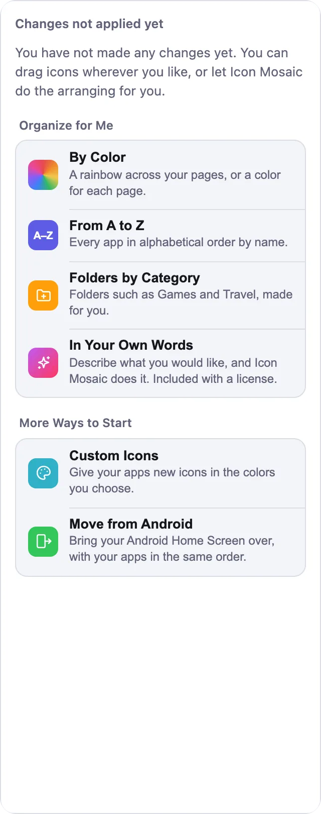 The Organize for Me panel listing By Color, From A to Z, Folders by Category and In Your Own Words, then Custom Icons and Move from Android.