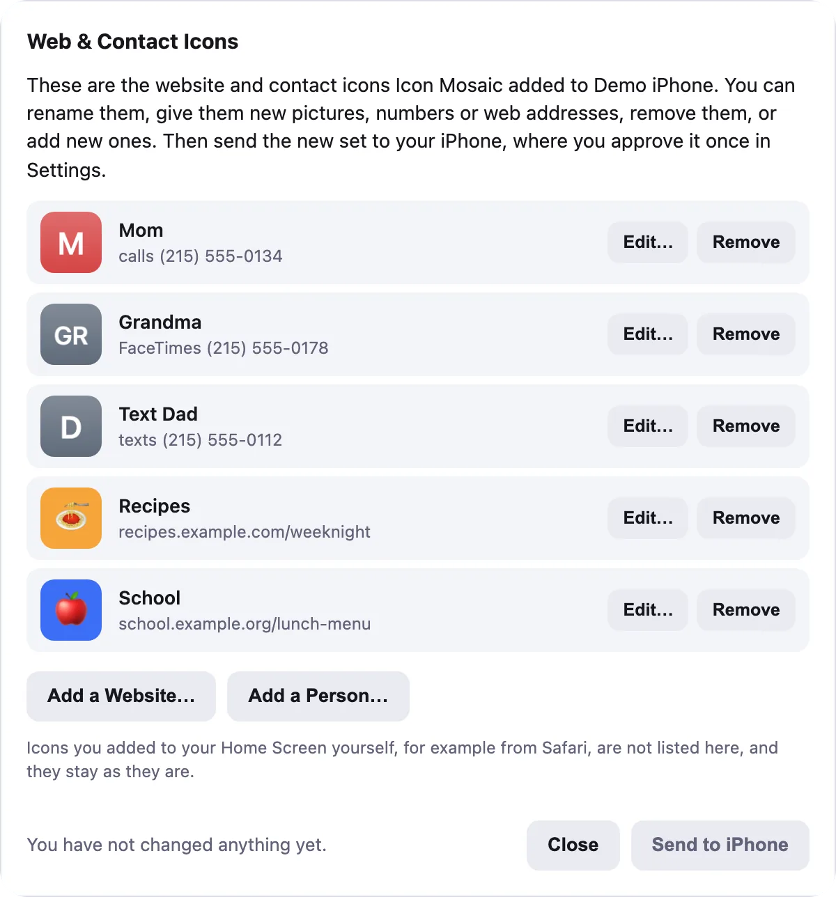 The Web and Contact Icons sheet listing icons that call Mom, FaceTime Grandma, text Dad, and open recipe and school websites, each with Edit and Remove buttons.
