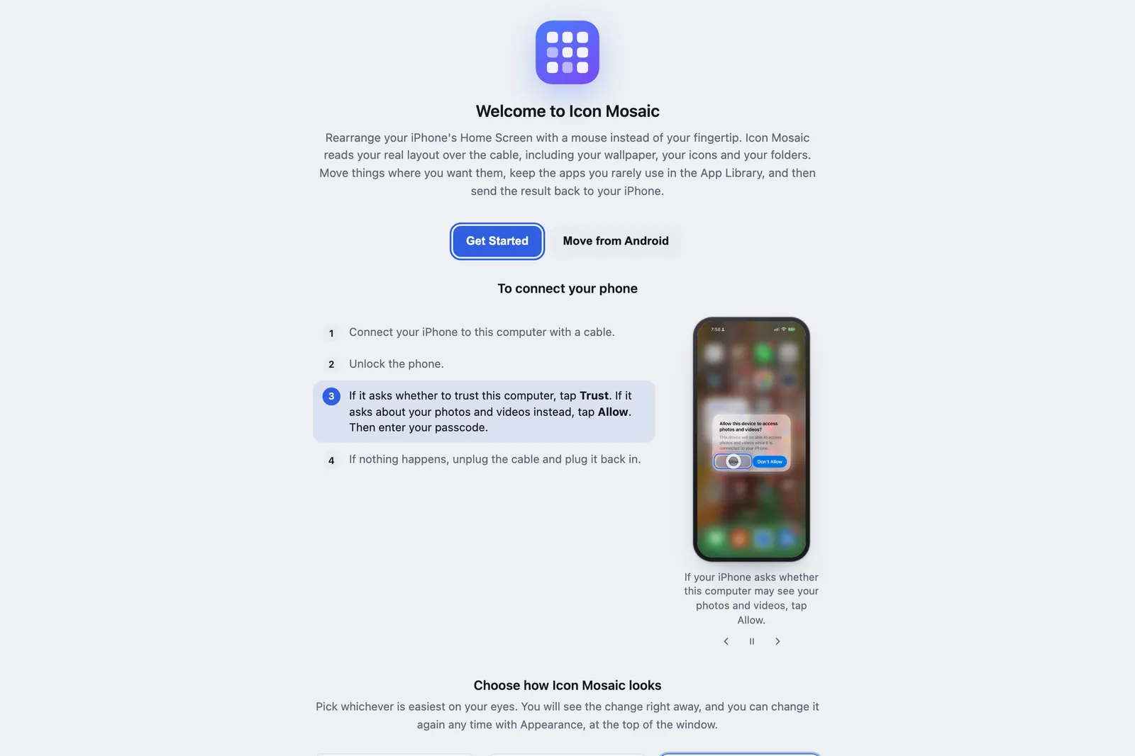 Icon Mosaic's welcome screen with numbered steps to connect an iPhone with a cable, unlock it, tap Trust and Allow, and unplug and plug the cable back in if nothing happens.